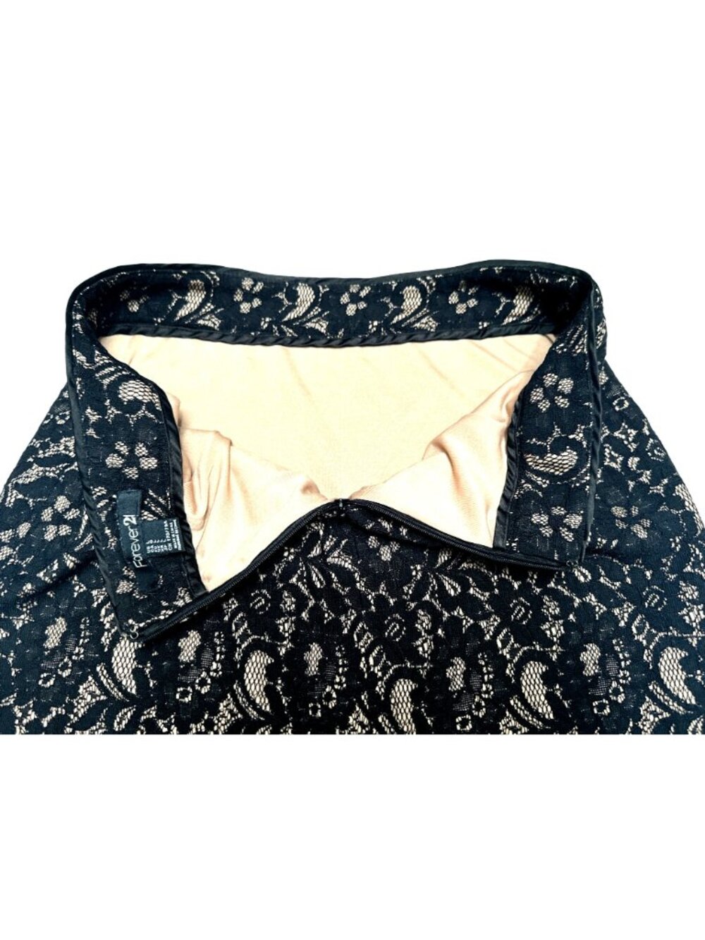 Forever 21 Size Large Black Nude Lace Pencil Skirt Lined Floral Dressy Evening - Picture 5 of 10